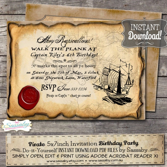 Pirate Birthday Party Invitation - INSTANT DOWNLOAD - Editable & Printable file by Sassaby Il_570xn