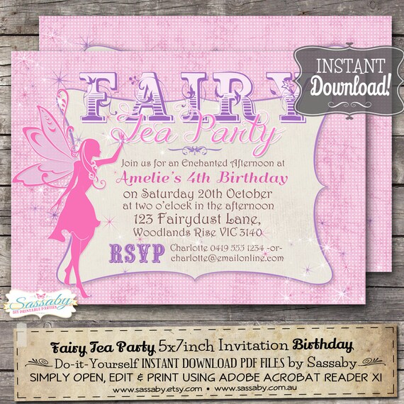Fairy Tea Party Invitation - INSTANT DOWNLOAD - Editable & Printable Girls Birthday Party Invitation by Sassaby Il_570xn