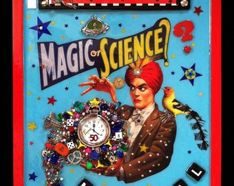 Recycled 3D Art Assemblage/Collage in wooden frame - Magic or Science?