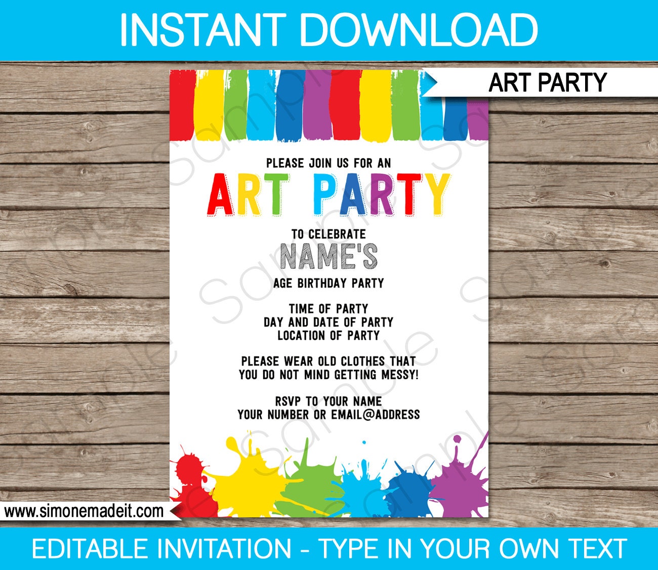 Art Invitation Template Birthday Party INSTANT DOWNLOAD