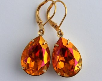 Swarovski Astral Pink earrings, teardrop earrings, pear earrings, AB earring, orange earrings, Bridesmaid earrings, Fall wedding AP06
