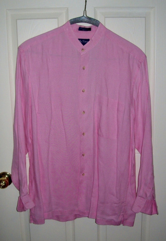 Vintage Men's Pink Linen Collarless Shirt by Paul by SusOriginals