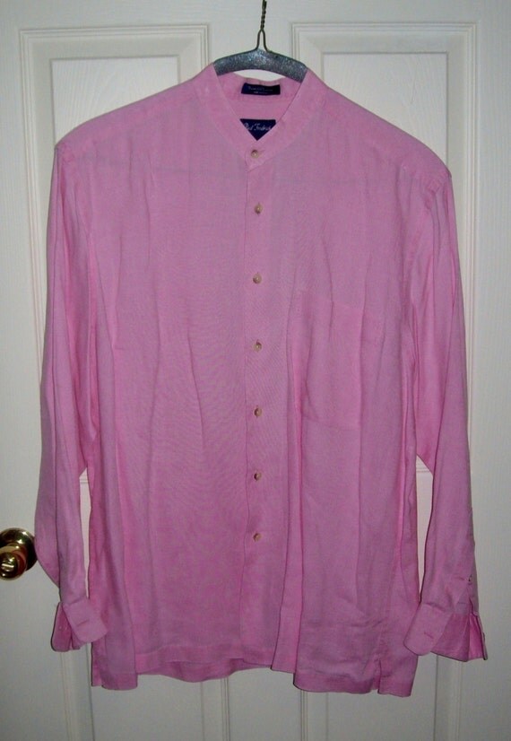 Vintage Men's Pink Linen Collarless Shirt by Paul by SusOriginals