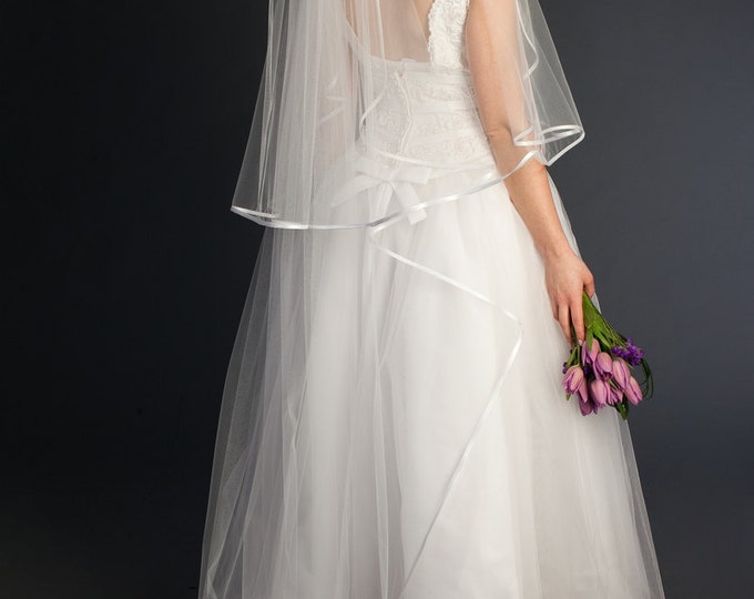 Ready to ship: White 2-tier Cathedral Cascading veil with satin trim, bridal veil, ribbon, accessories