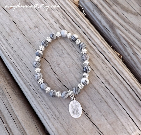 Men's Bracelet Grey Black Beads Catholic Bracelet by AmyDavisArt