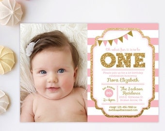 Pink and Gold invitation, 1st Birthday Invitation, Girl Birthday Invitation, Gold Glitter Invitation , Printable invite, Kids birthday