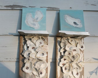 Oyster Shell Wall Bracket Pair/Reclaimed Wood Wall Shelf/Beach House Wall Decor