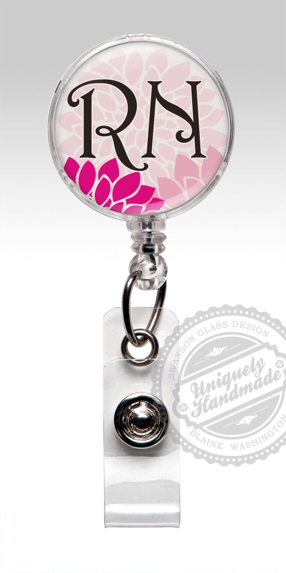 Nurse Badge Holder Pink Flower Clip Retractable RN Badge
