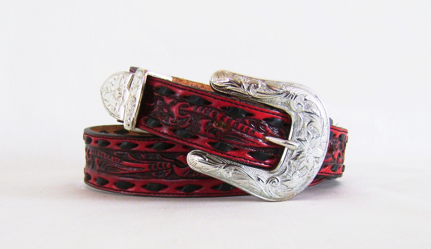 Red Leather Belt Vintage Western Belt Size 32
