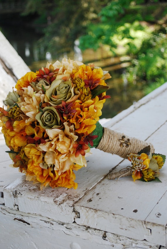 Silk bridal bouquet rust beige mustard hydrangeas pale