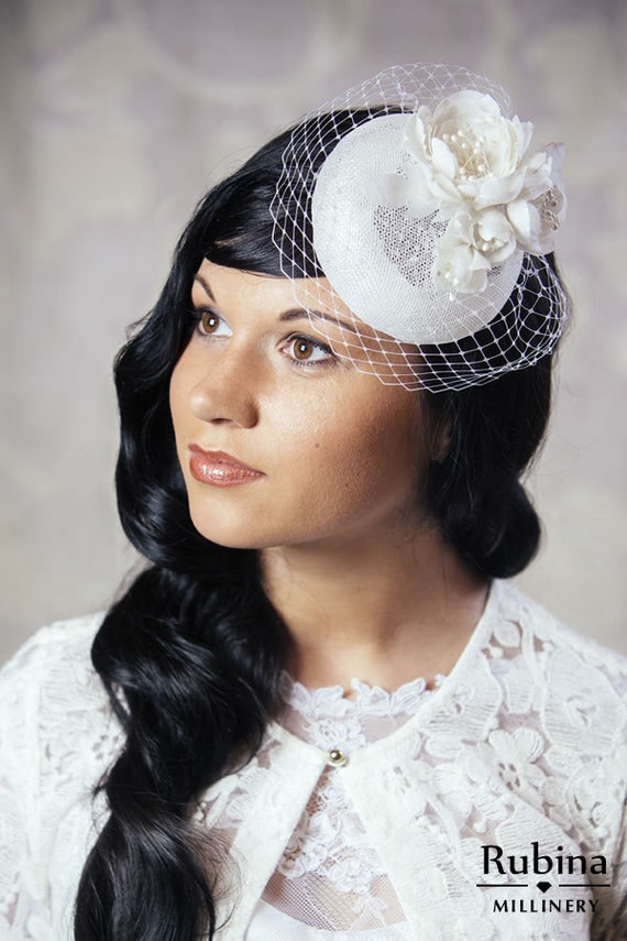 White Bridal Pillbox Hat with Silk Flowers and by RUBINAMillinery