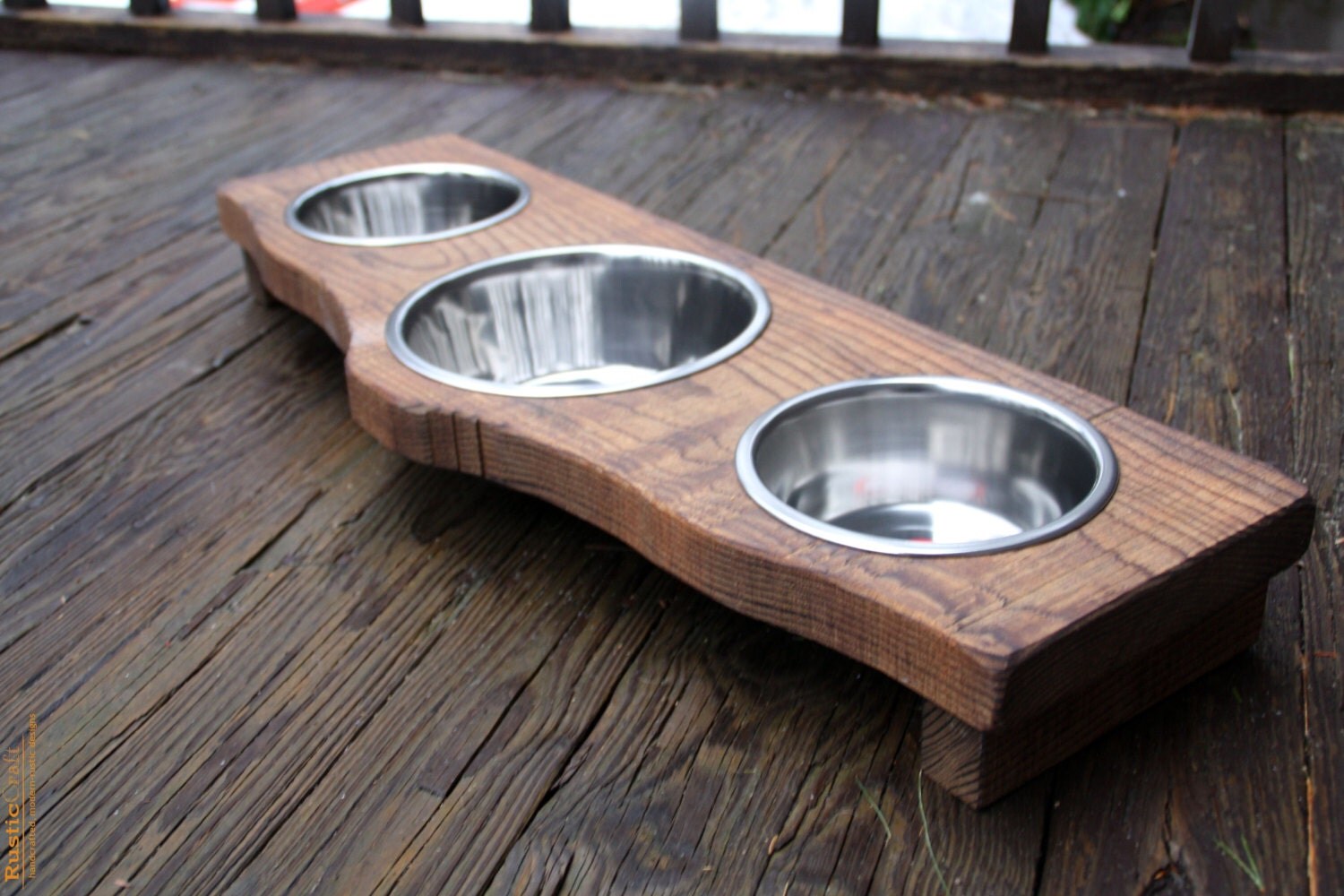 3 Bowl Personalized Dog Feeder Rustic Wood by rusticcraftdesign