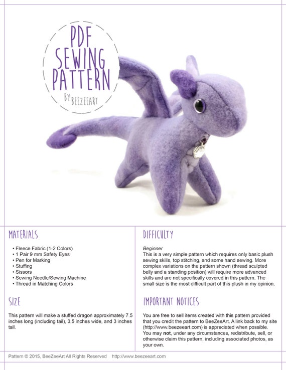 Tiny Dragon Stuffed Animal Sewing Pattern Small Dragon Plush