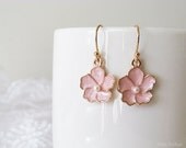 Pink Flower Earrings - Sakura Flower Earrings - Polished Gold Plated Over Brass - Cherry Blossom Floral Earrings