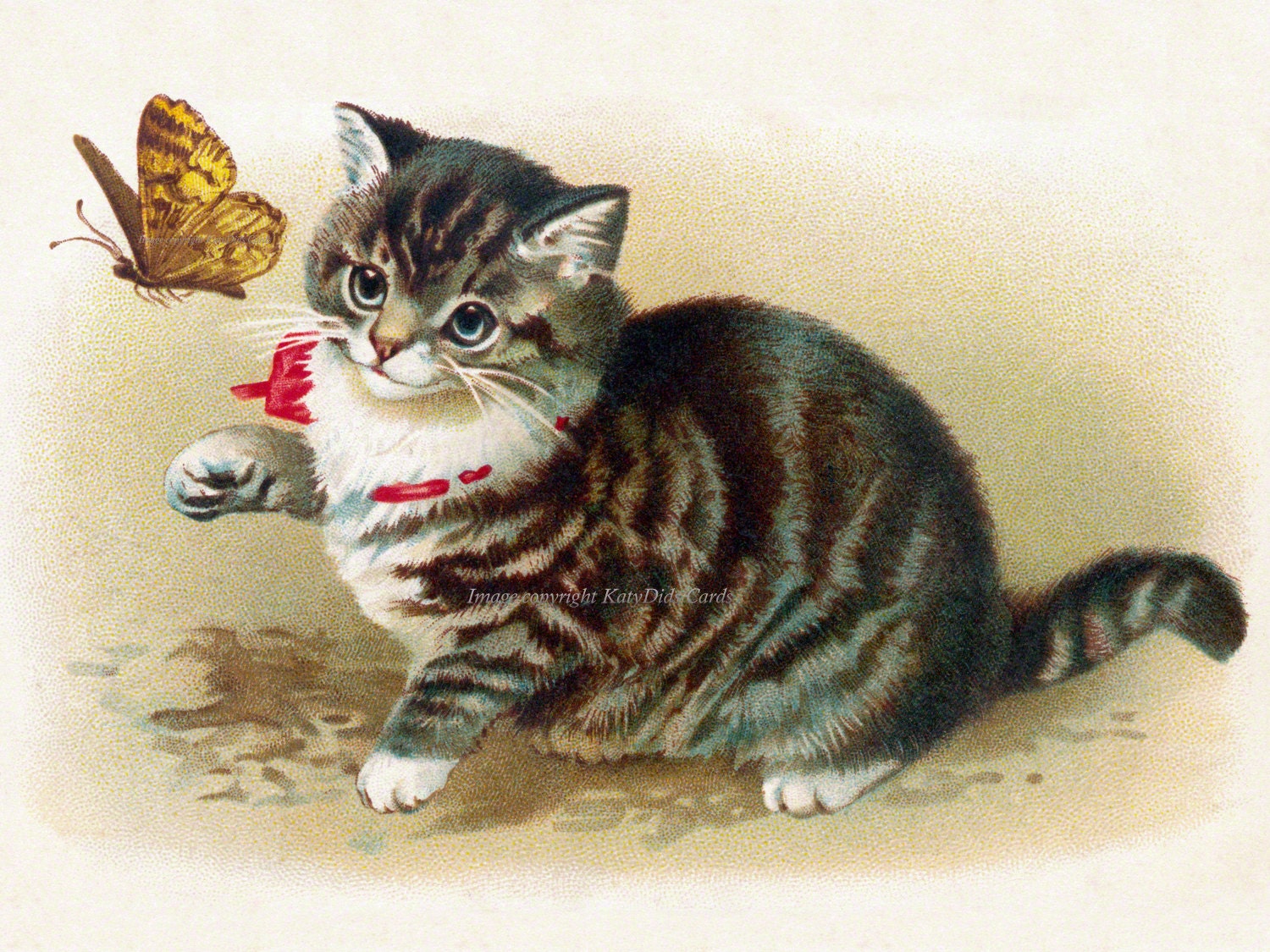 Cat Fabric Block Kitten Chases Butterfly Tabby Cat Fabric