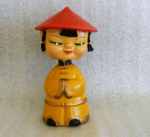 Vintage Bobble Head Nodder Asian Oriental Girl Rhinestone Eyes