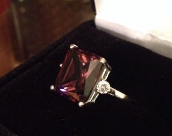 BEAUTIFUL 6ct Rhodolite Garnet & White Sapphire 14kt Gold Sterling Silver Ring Size 5 6 7 8 9 Emerald Cut Rhodolite Raspberry Plum