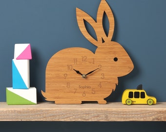 Rabbit Clock, Modern Wall Clock, Childrens Clock, laser cut by Owl & Otter