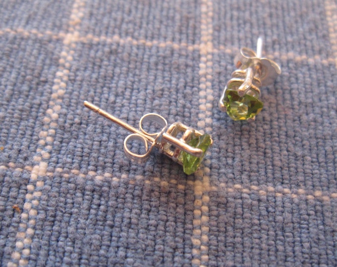 Peridot Stud Earrings, 5mm Trillion, Natural, Set in Sterling Silver E754