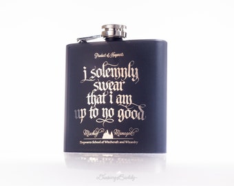 Marauder's Map - I solemnly swear that I am up to no good- Mischief Managed, Harry Potter inspired - 6oz Engraved (Black Matte) Flask