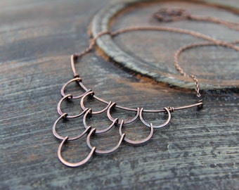 Antique copper statement necklace "Undine", bib oxidized copper necklace, rustic, metalwork, scale,cascade necklace, handforged