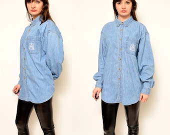 Vintage 90's Blue Denim Shirt / Long Sleeve Jean Button Shirt - Size Large
