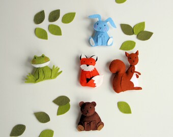 pattern felt ornaments, 5 animals, woodland mobile diy, crib mobile DIY, wool felt pattern, squirrel, fox, frog, bunny, bear,