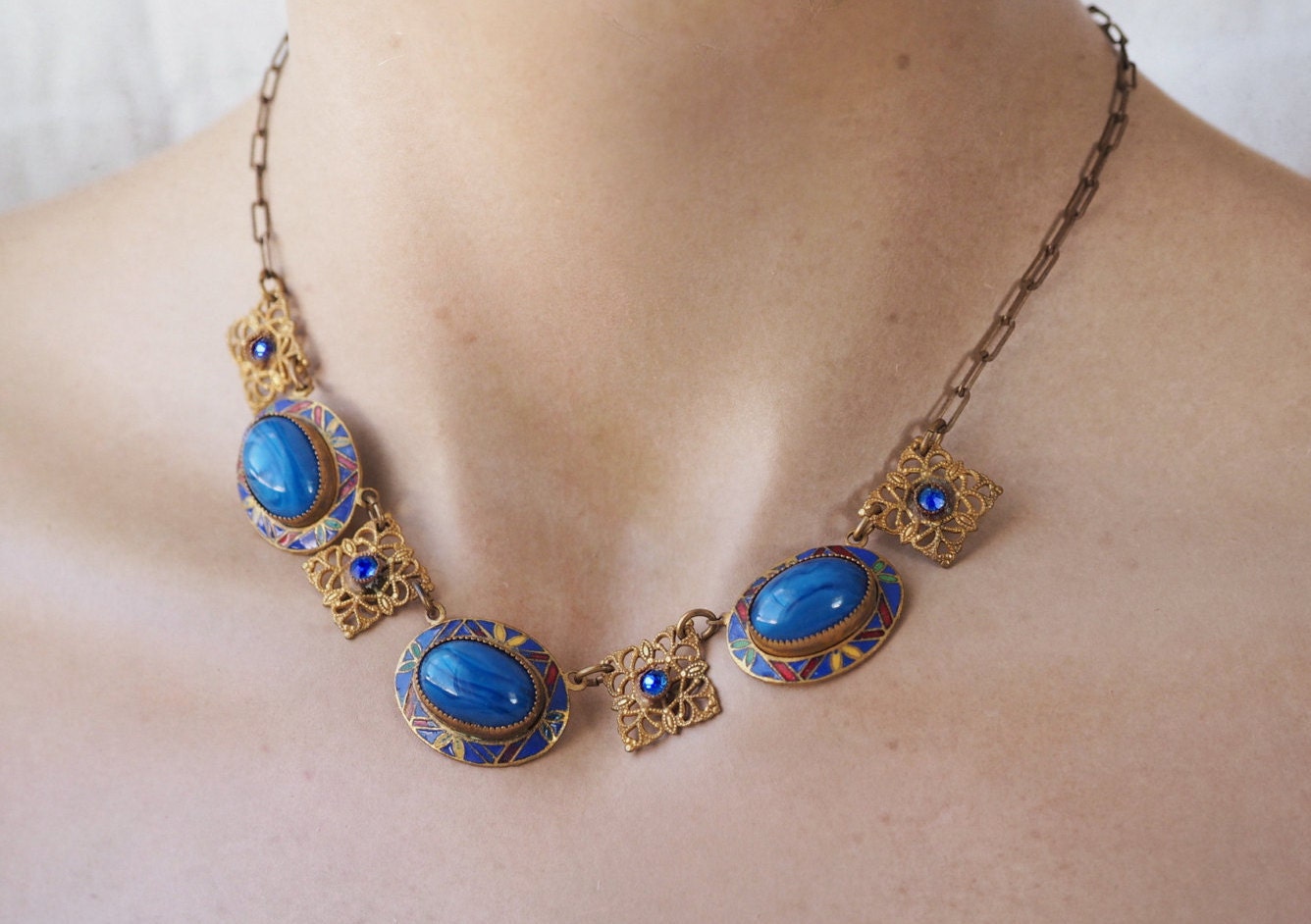 Art Deco Enamel Necklace Antique Filigree Jewelry