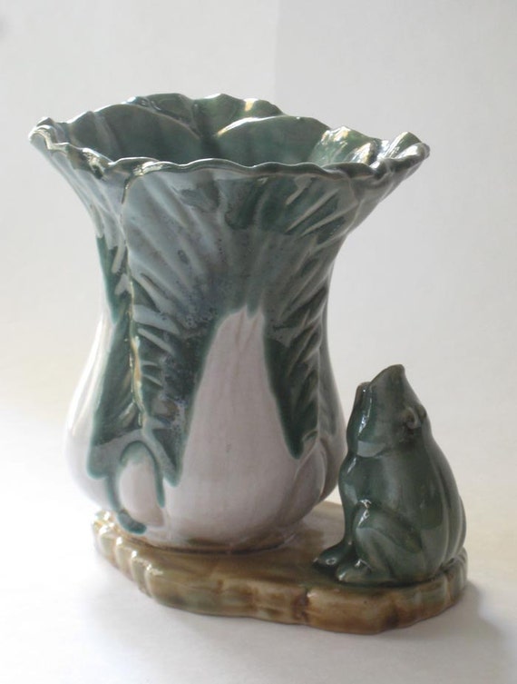 6 Majolica Ceramic Green Frog w Bok Choy or Leek by theomerryart