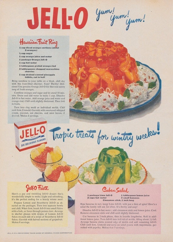 Items similar to 1950 Jell-O Gelatin Ad Hawaiian Fruit Ring Salad ...