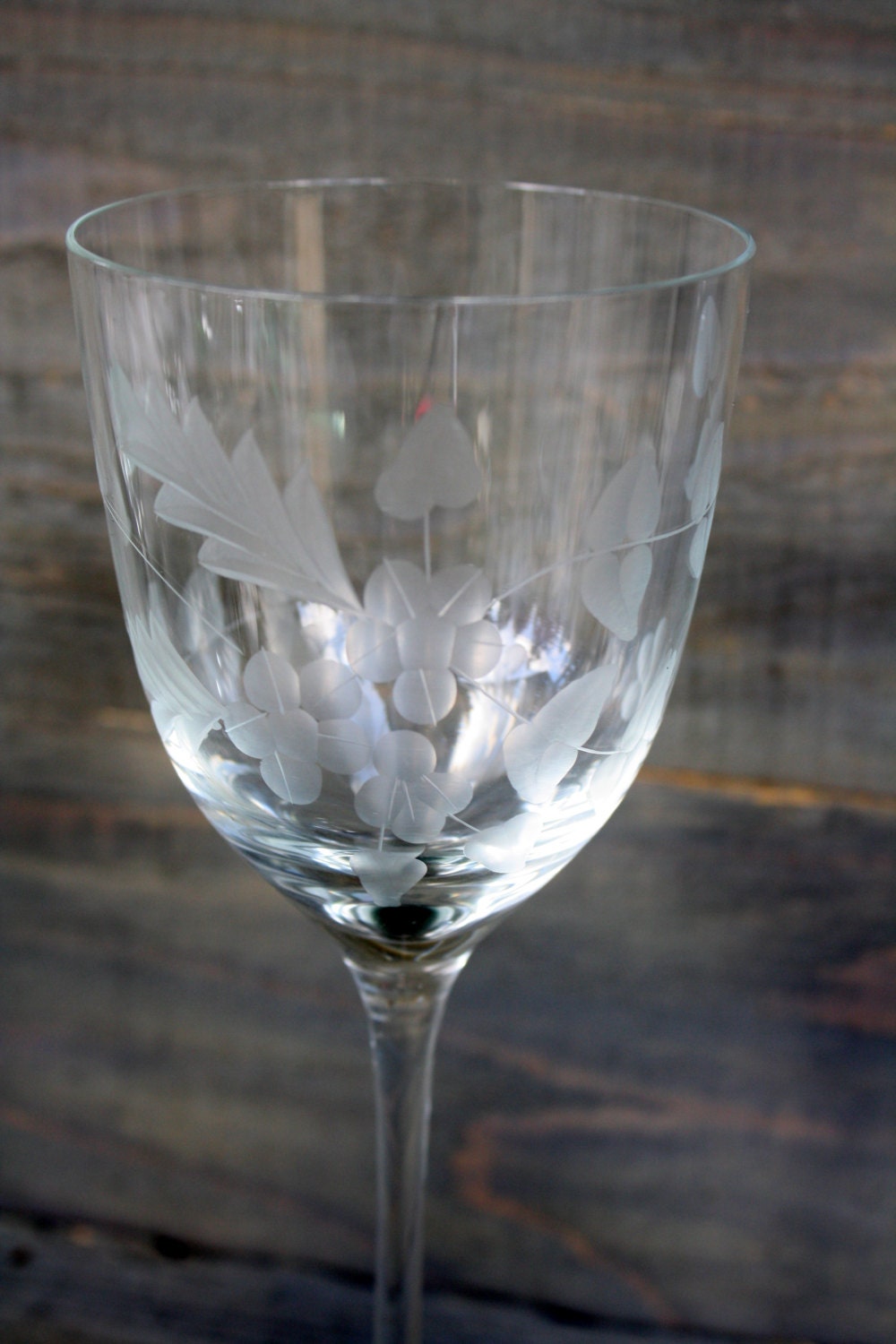 Vintage Romanian Etched Leaf & Floral Wine Glasses Set of Six