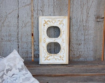 Double Outlet Cover, Shabby Chic, Double Wall Plate, Gold, White, Ornate, Fleur de Lis, Cast Iron
