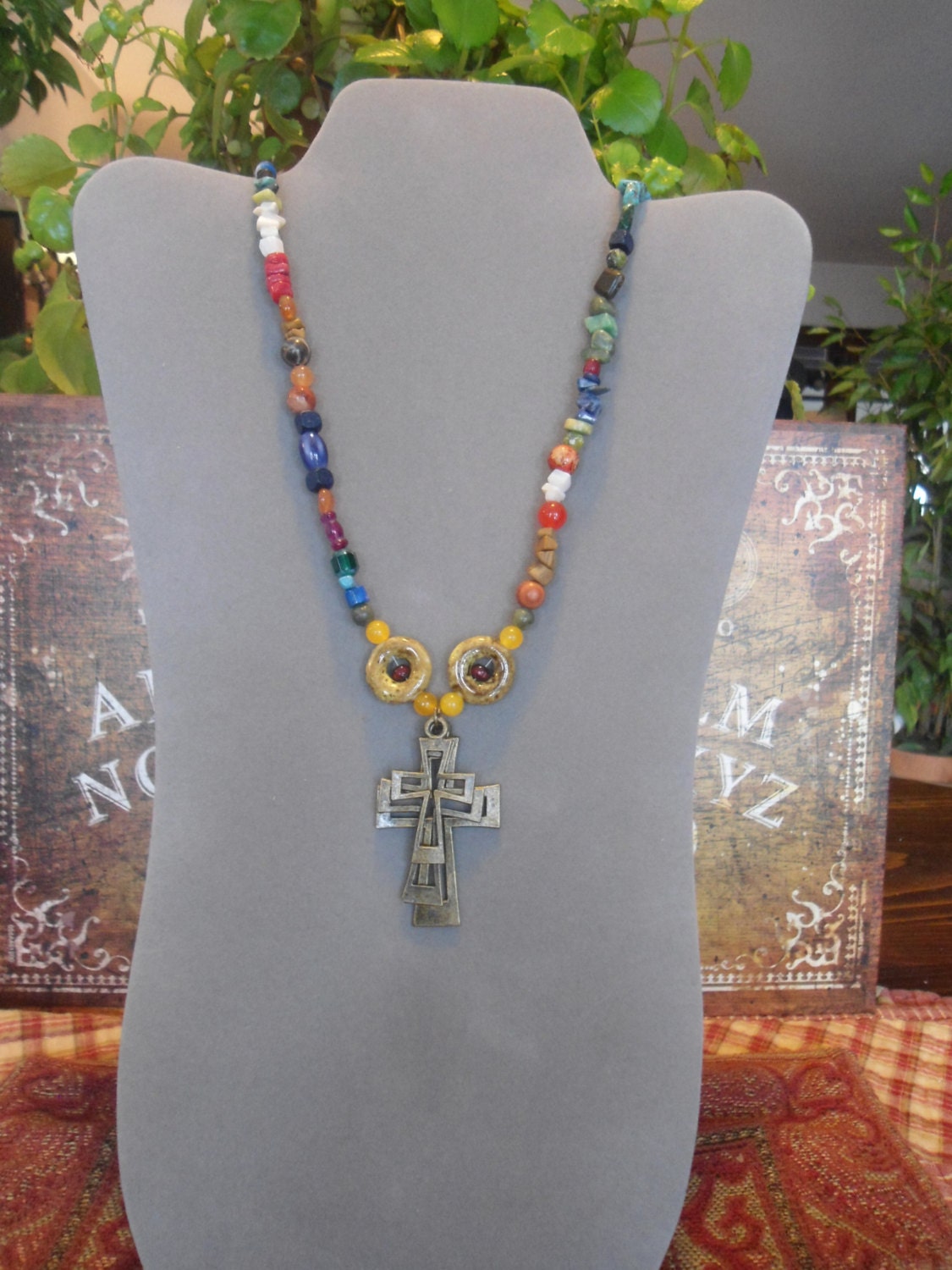 Bohemian Gypsy Necklace Cross Pendant Chunky Hippie Beads