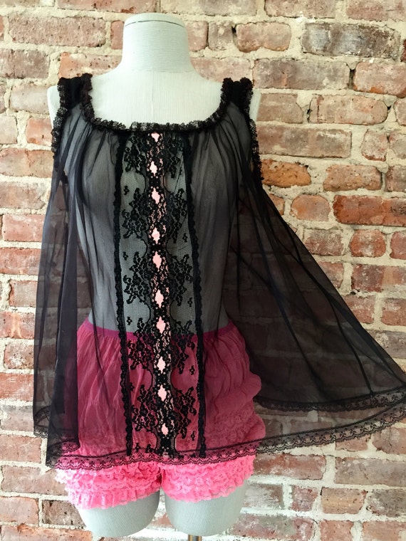 1950s Baby Doll Negligee Vintage Nightie Size S Black