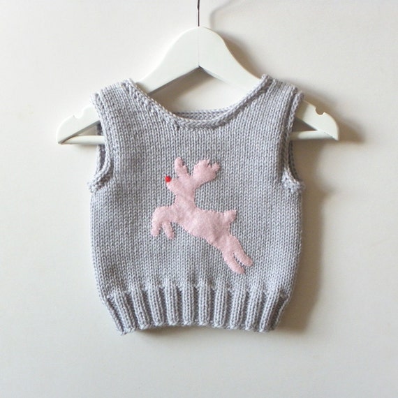 Pink deer baby vest warm merino toddlers vest with deer silver grey baby vest for winter MADE TO ORDER