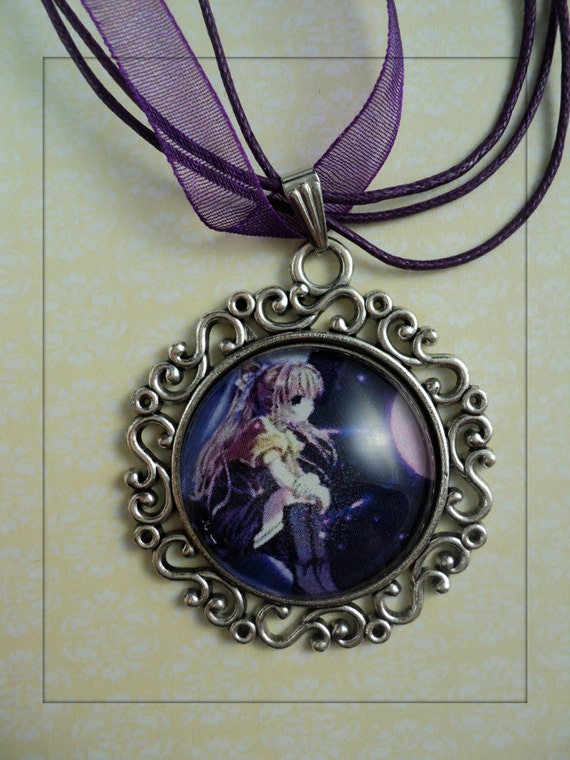 Manga Anime Girl Necklace. Glass Cabochon. Charm necklace.