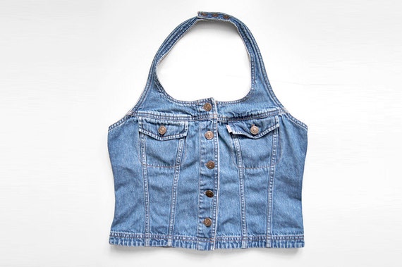 Vintage Levi Denim Halter Top Button Up Bustier Jean Vest