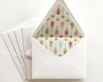 Sale A2 Envelopes -Set of 5- Paper lined contour flap envelopes, Decorative multicolored envelopes, modern, gold, red, orange