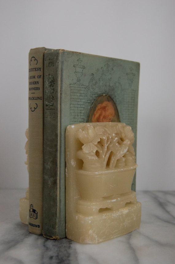 Vintage Carved Soapstone Asian Bookends Floral Birds