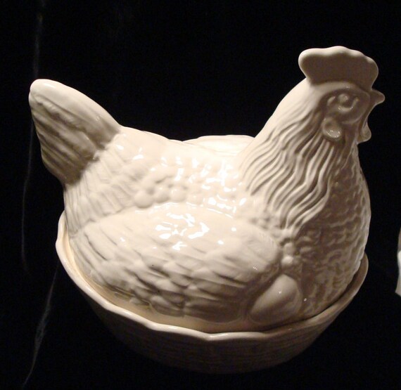 Vintage White Ceramic Hen in Basket Covered by