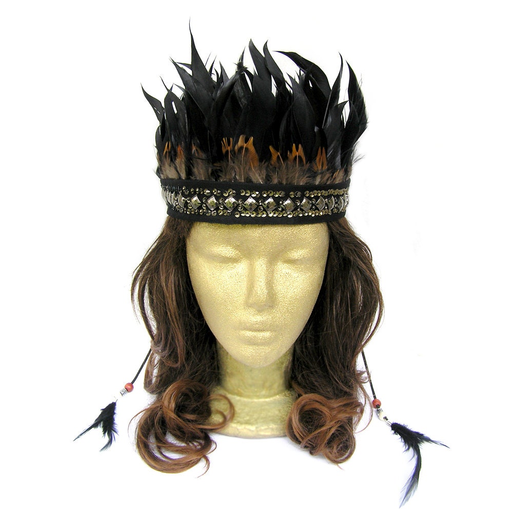 Feather Headdress Black Wedding Headdress Tribal by curtainroad