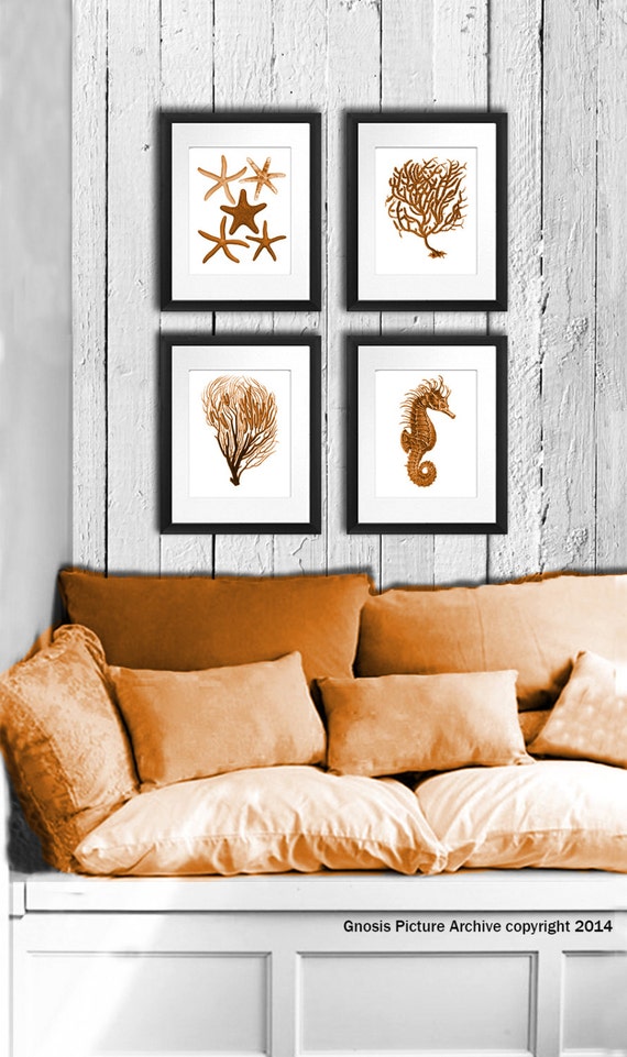 Burnt Orange  wall  Decor  Print set of 4 Beach theme decor  Sea