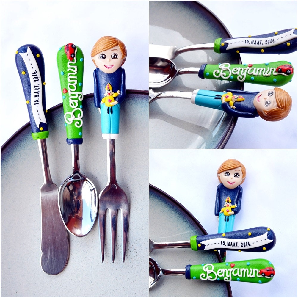 Baby Silverware set Personalized Boy Yellow Clown Birthday
