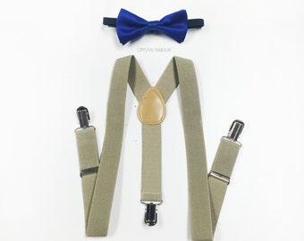 kids bow ties and suspenders, boys suspenders and bow tie, khaki suspenders, baby boy clothes, baby boy, khaki suspenders, blue bowtie