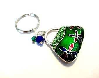 Handbag Purse Charm, Bling Keychain, Pocketbook Keychain, Green Navy Blue Handbag Charm, Rhinestone Keychain With Swarovski Crystal Elements