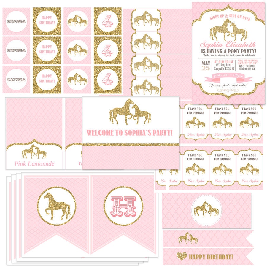 Elegant Pink & Gold Glitter Pony / Horses Birthday Party