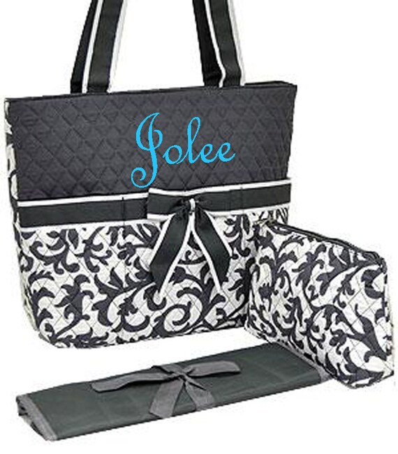 Personalized Gray Damask Diaper bag/ bags /purse