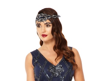 Navy Blue Great Gatsby Flapper Headband Vintage inspired 1920s Beaded Charleston Downton Abbey Sequin Mod Art Deco Hair band New Hand Made
