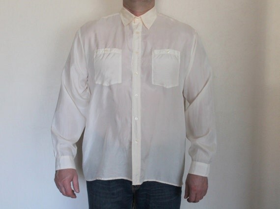  Ivory  White Cream Mens  Button up Silk Shirt  Long  Sleeve  Dress 