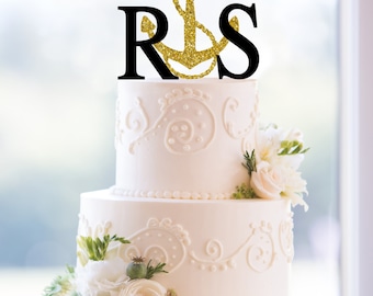 Monogram Wedding Cake Topper – Custom 2 Initials with Anchor Topper- (T076)